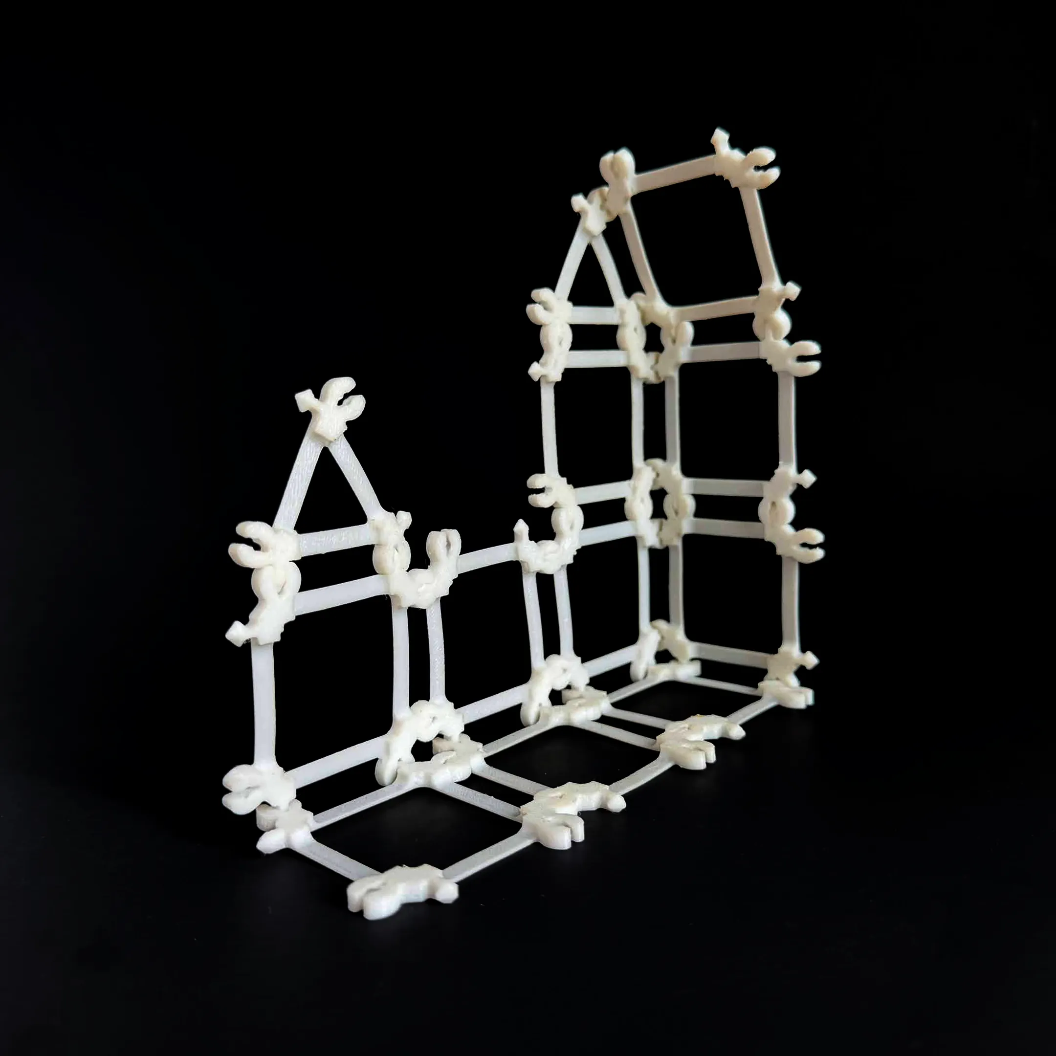 Rear view of a house-like Compliagon structure revealing its modular framework.